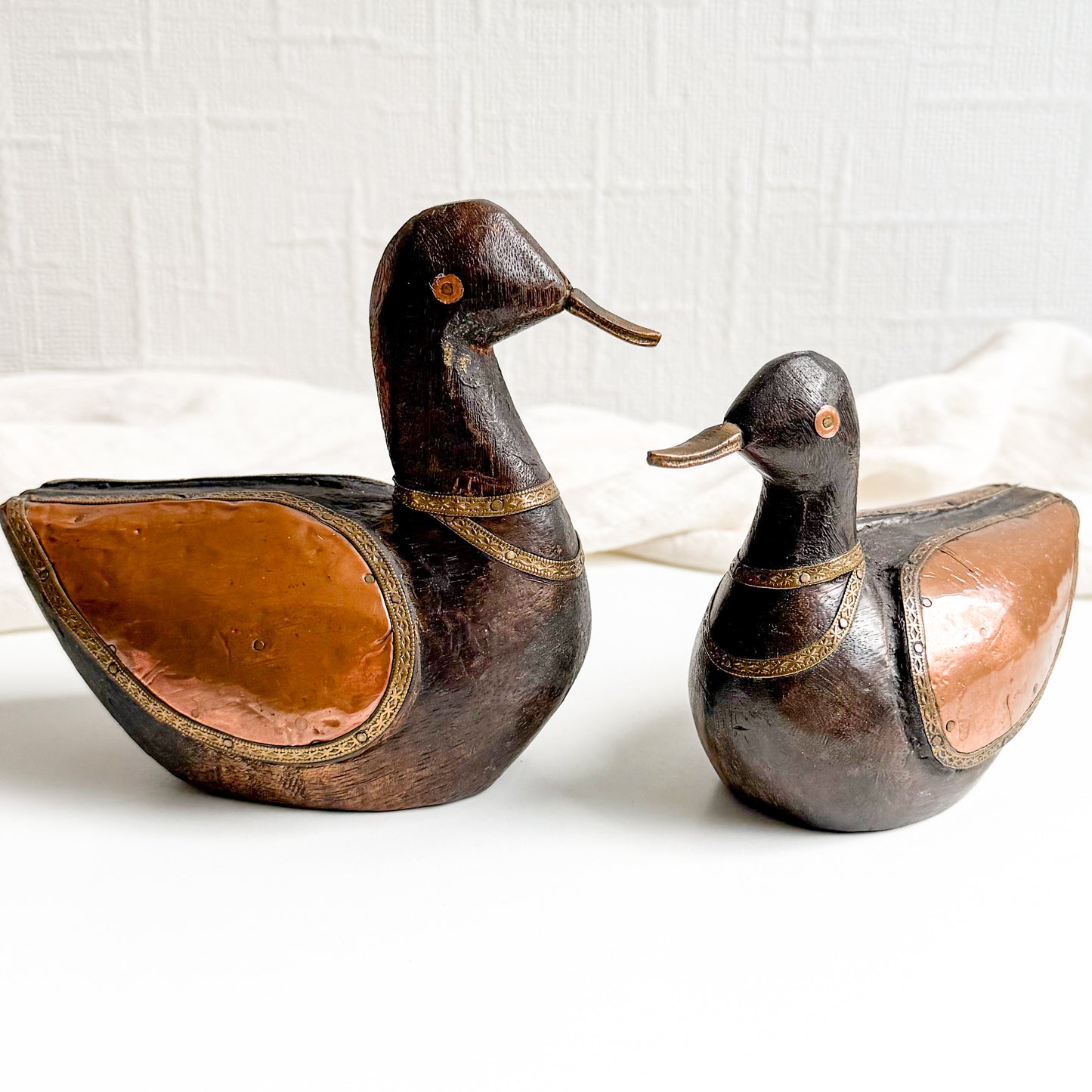 Pair of Wooden Ducks with Copper Wings