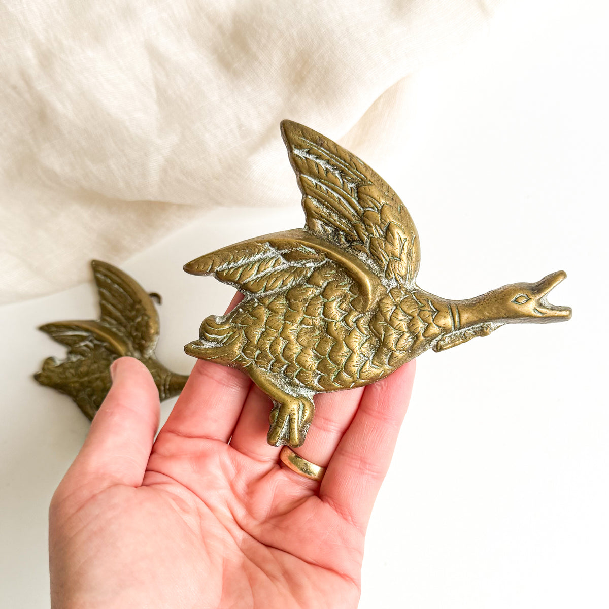 Pair of Brass Flying Ducks / Geese