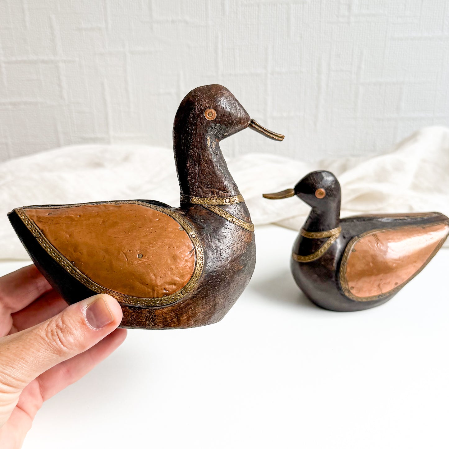 Pair of Wooden Ducks with Copper Wings
