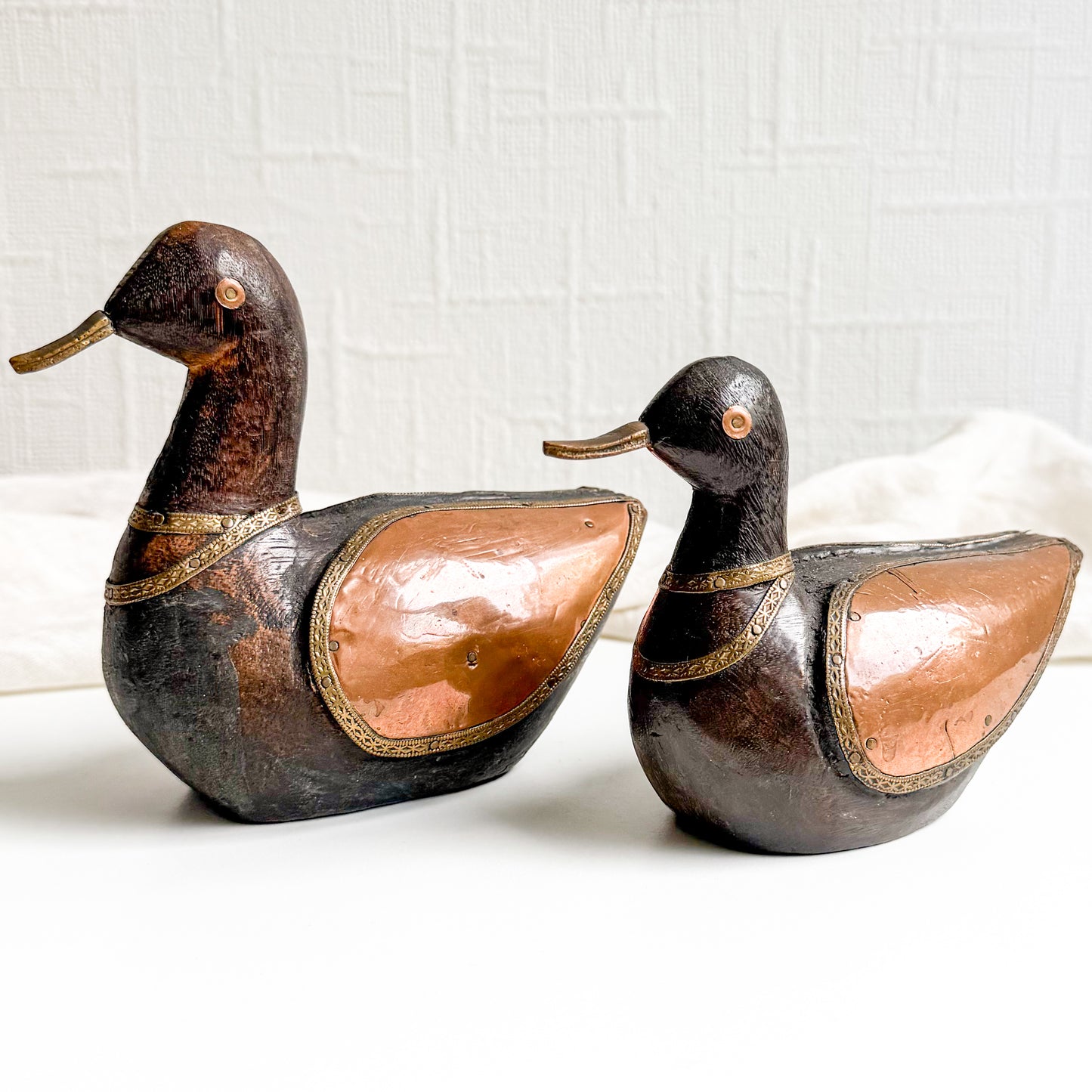 Pair of Wooden Ducks with Copper Wings