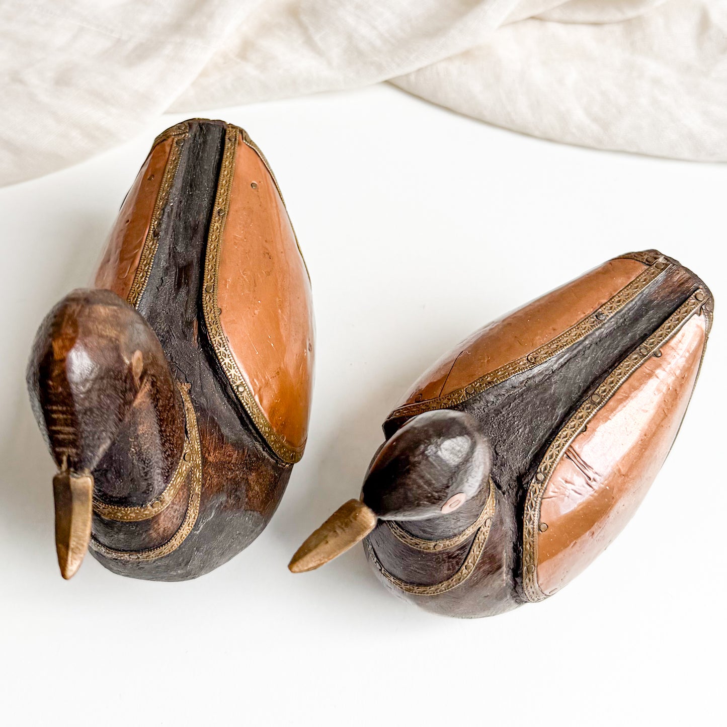 Pair of Wooden Ducks with Copper Wings