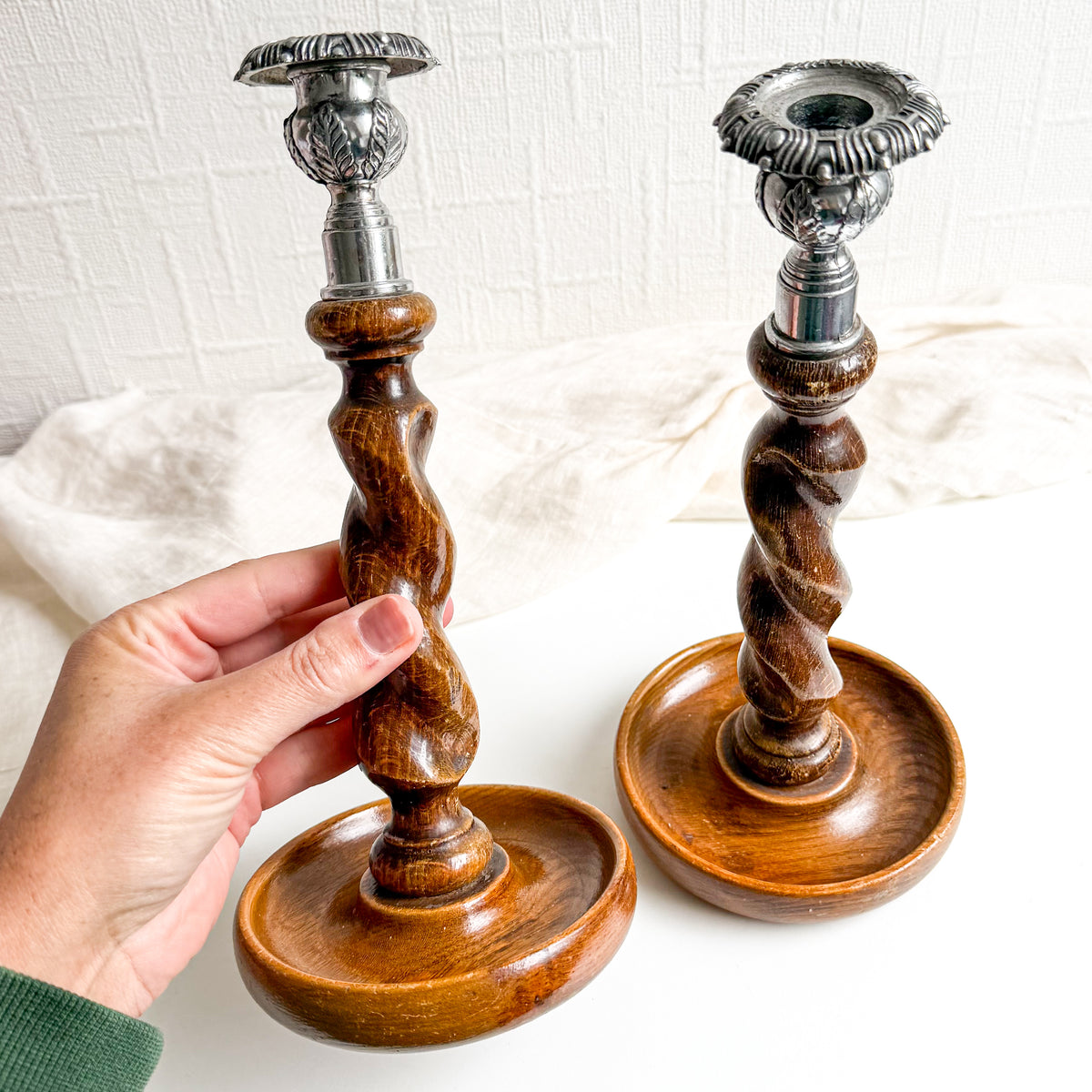 Pair of Oak Barley Twist Candlesticks