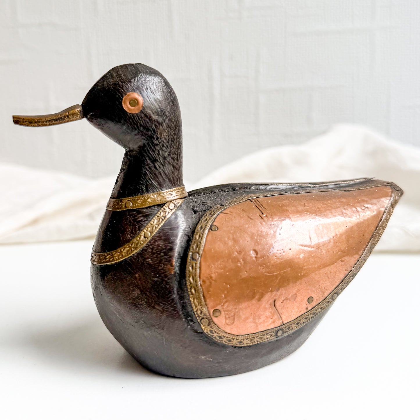 Pair of Wooden Ducks with Copper Wings
