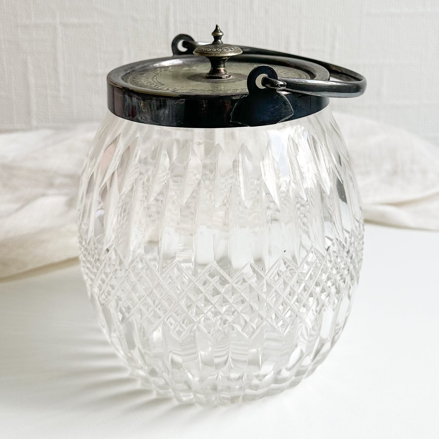 Cut Glass Biscuit Barrel with Silver Plated Top