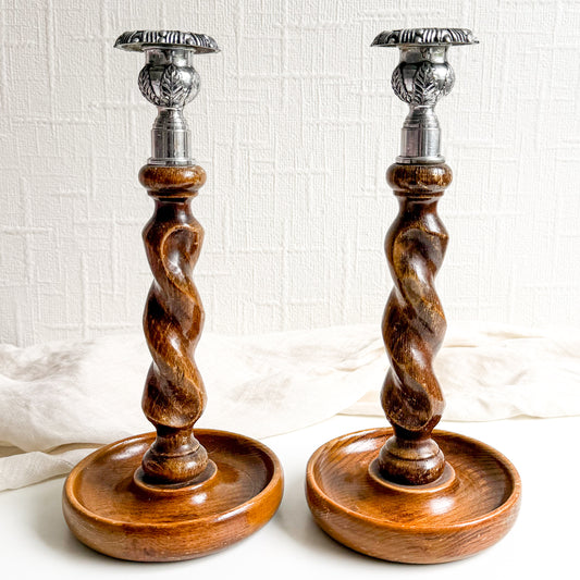 Pair of Oak Barley Twist Candlesticks