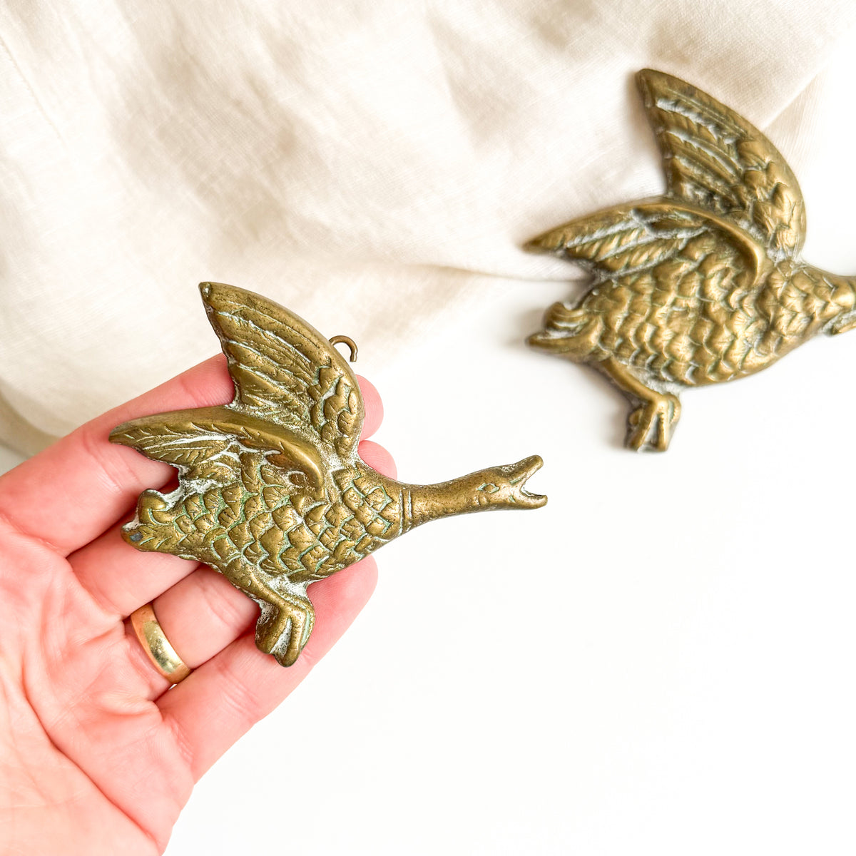 Pair of Brass Flying Ducks / Geese