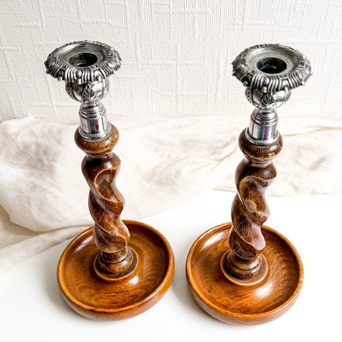 Pair of Oak Barley Twist Candlesticks