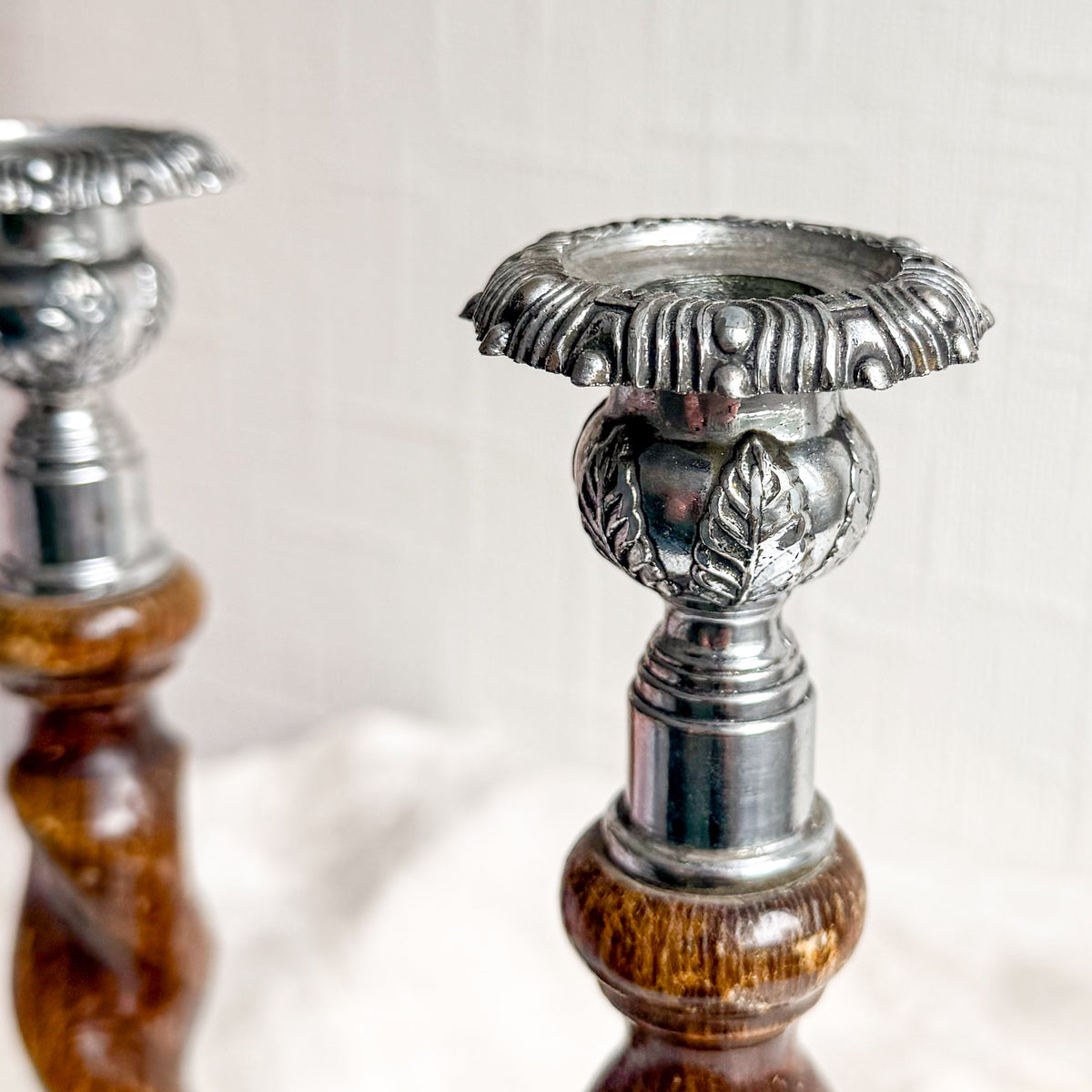 Pair of Oak Barley Twist Candlesticks